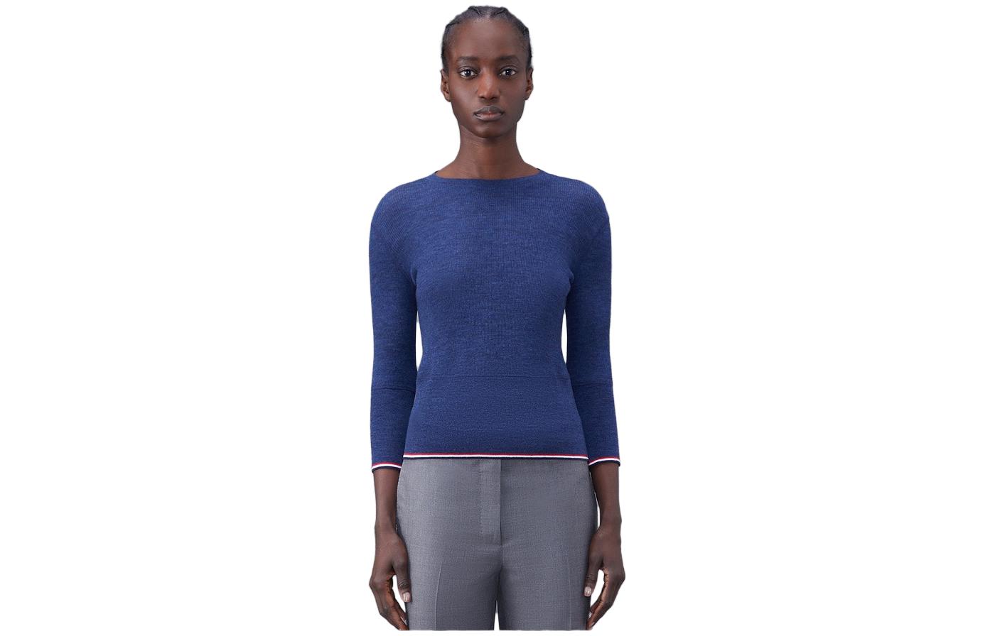 (Women) Thom Browne FW23  Navy Ribbed 3/4 Sleeve Knit Sweater. FJT269AJ0092