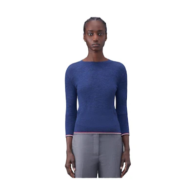 (Women) Thom Browne FW23 Navy Ribbed 3/4 Sleeve Knit Sweater. FJT269AJ0092