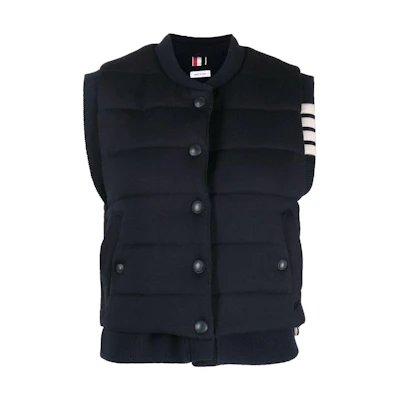 (Women) THOM BROWNE FW23 Navy Sleeveless Vest with Four-Bar Stripes FKV177A-Y1029-415