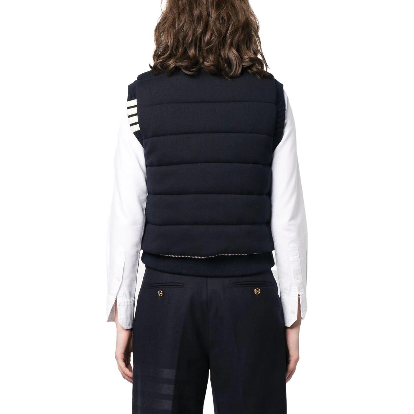 Shop (Women) THOM BROWNE FW23  Navy Sleeveless Vest with Four-Bar Stripes FKV177A-Y1029-415