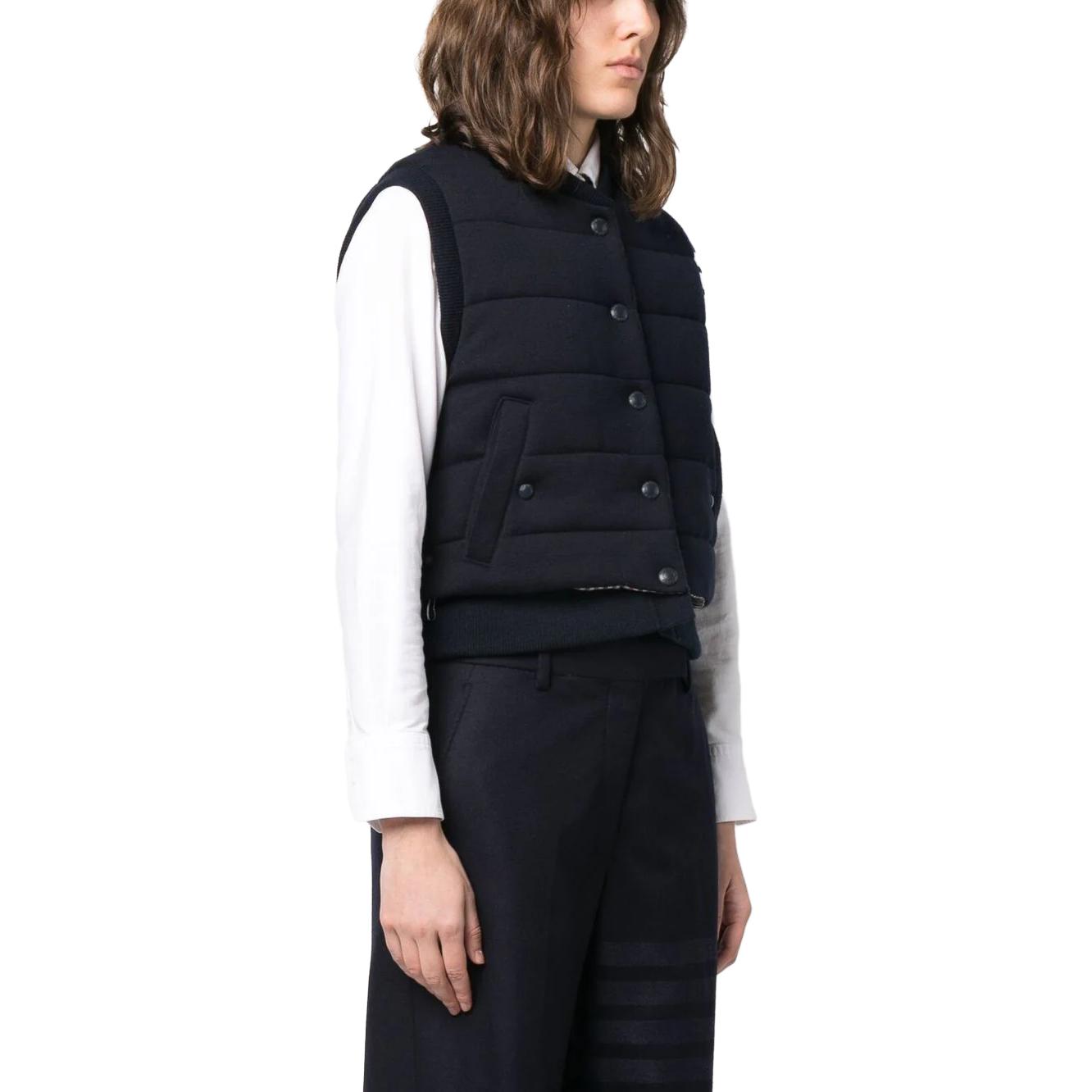 Purchase (Women) THOM BROWNE FW23  Navy Sleeveless Vest with Four-Bar Stripes FKV177A-Y1029-415