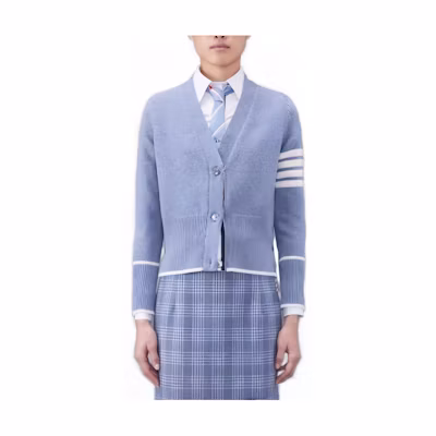 (Women) Thom Browne FW23 V-Neck Striped Cardigan Sweater Light Blue FKC520A-Y1029-440