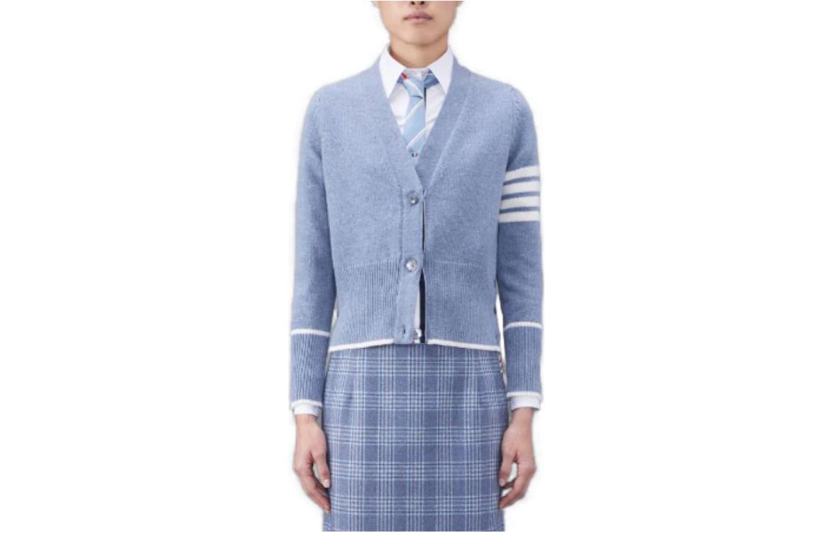 Order (W) 톰 브라운 FW23 브이넥 스트라이프 가디건 스웨터 라이트 블루 FKC520A-Y1029-440