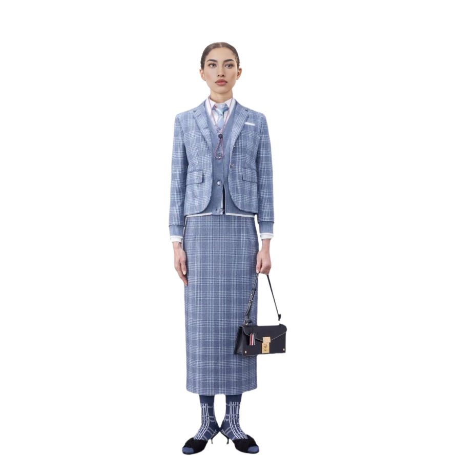 Lookbook (W) 톰 브라운 FW23 브이넥 스트라이프 가디건 스웨터 라이트 블루 FKC520A-Y1029-440