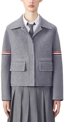 (Women) Thom Browne FW24 Iconic Stripe Satin Armband Jacket in Grey. FBC915S-F0656-035 Buy (Women) Thom Browne FW24 Iconic Stripe Satin Armband Jacket in Grey. FBC915S-F0656-035