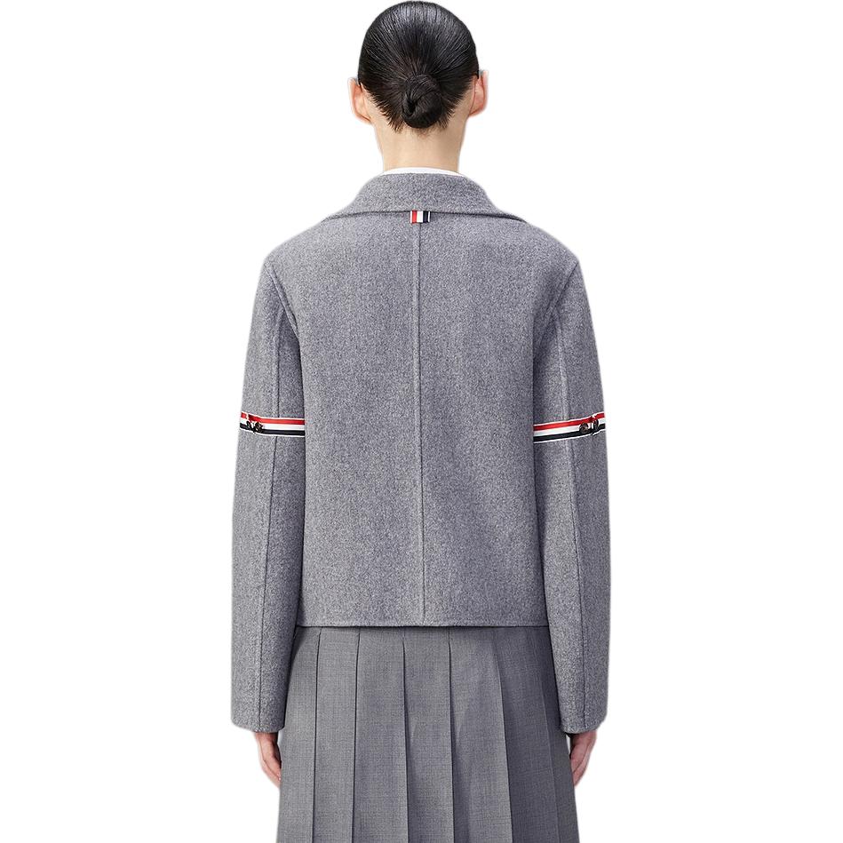 Shop (Women) Thom Browne FW24  Iconic Stripe Satin Armband Jacket in Grey. FBC915S-F0656-035