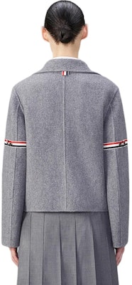 (Women) Thom Browne FW24 Iconic Stripe Satin Armband Jacket in Grey. FBC915S-F0656-035 Shop (Women) Thom Browne FW24 Iconic Stripe Satin Armband Jacket in Grey. FBC915S-F0656-035
