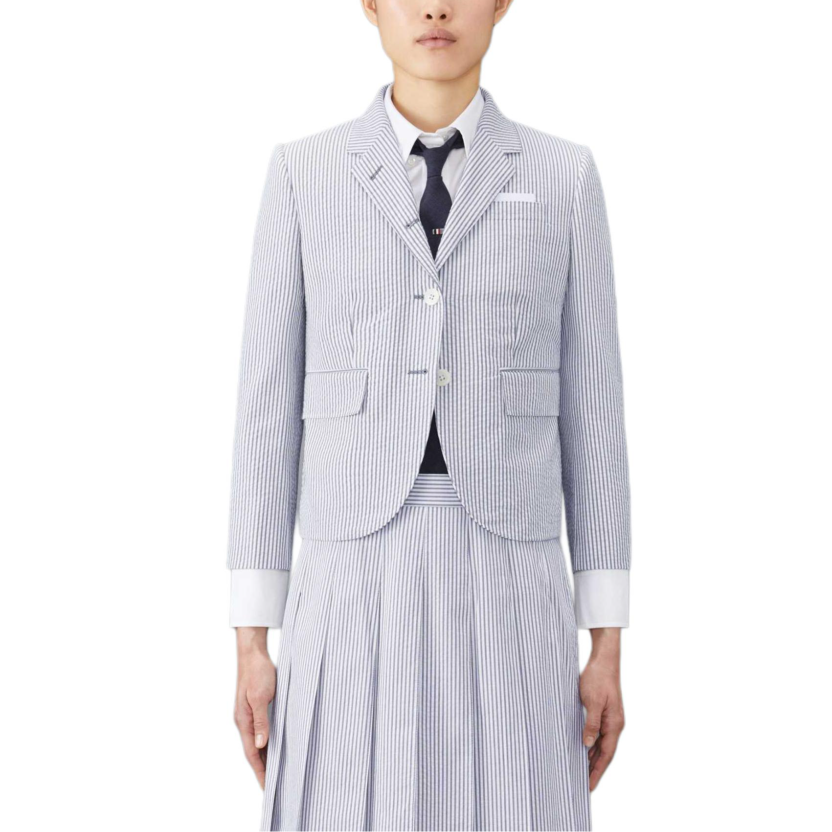 (Women) THOM BROWNE FW24  Navy Blue Stripe Pocket Long Sleeve Jacket. FBC010H-00572-415