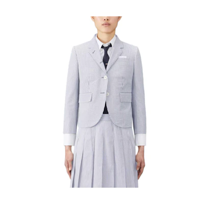 (Women) THOM BROWNE FW24 Navy Blue Stripe Pocket Long Sleeve Jacket. FBC010H-00572-415