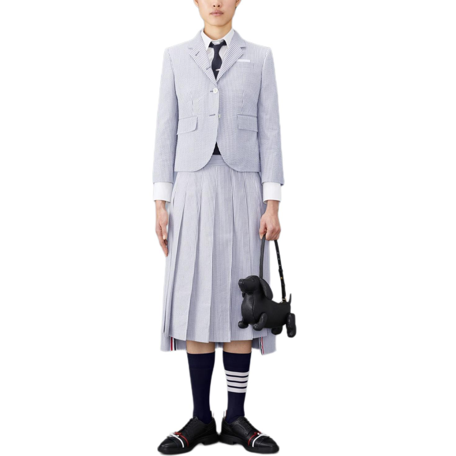 Lookbook (Women) THOM BROWNE FW24  Navy Blue Stripe Pocket Long Sleeve Jacket. FBC010H-00572-415