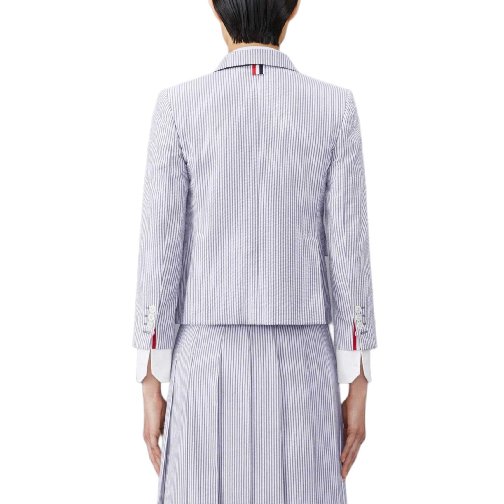 Shop (Women) THOM BROWNE FW24  Navy Blue Stripe Pocket Long Sleeve Jacket. FBC010H-00572-415