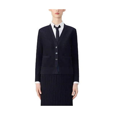 (Women) THOM BROWNE FW24 Navy Blue V-Neck Button Casual Long-Sleeve Sweater FKC589A-Y1045-415
