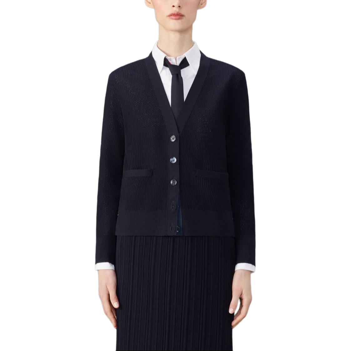 Order (W) THOM BROWNE FW24 海軍藍V領鈕扣休閒長袖毛衣 FKC589A-Y1045-415