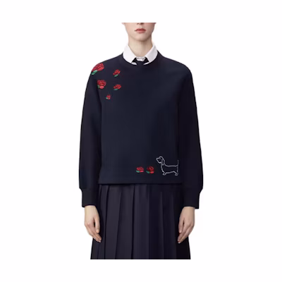 (Women) Thom Browne FW24 Oversized Crewneck Long Sleeve Sweatshirt Navy Blue. FJT365E-06931-415