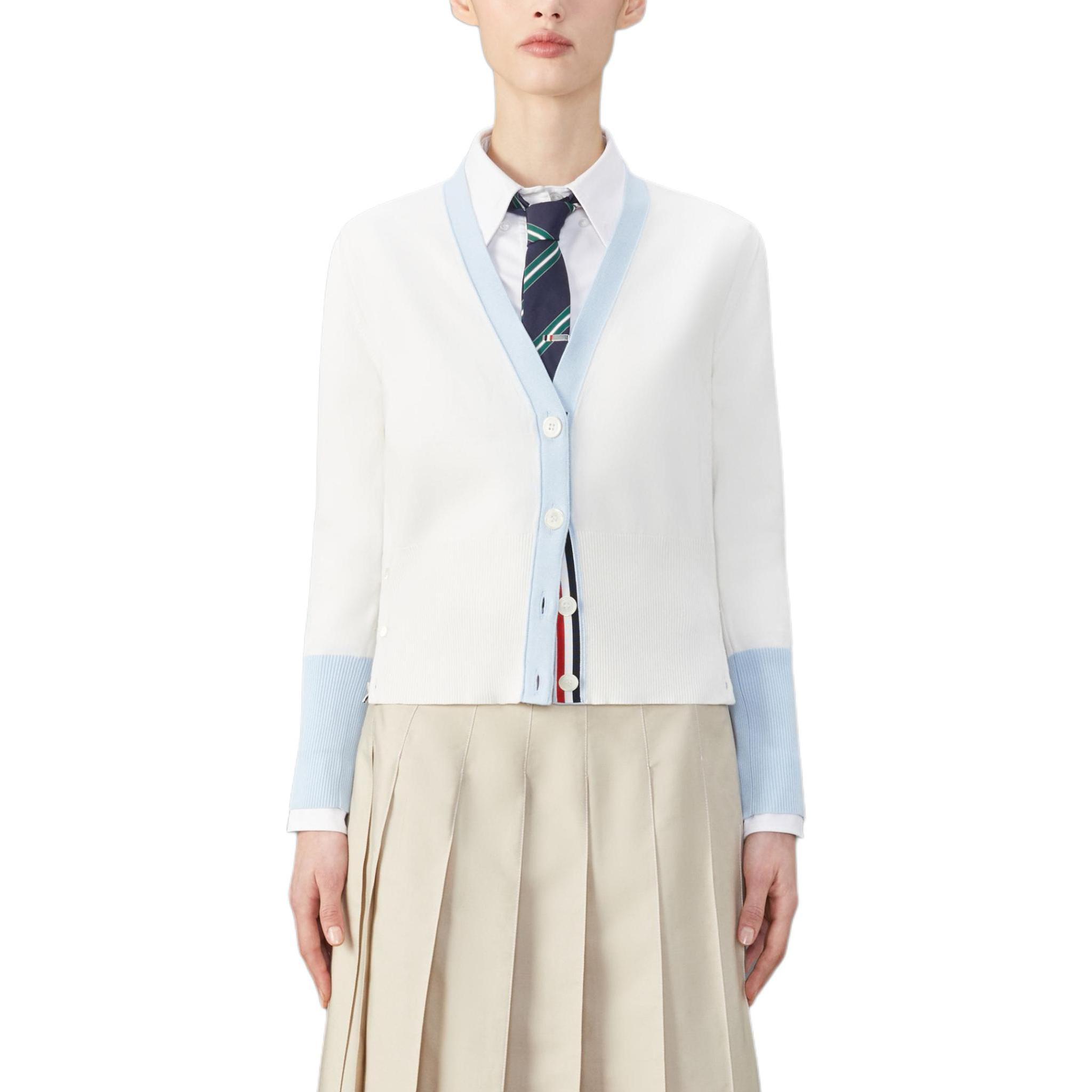 (Women) Thom Browne FW24  White Floral V-Neck Cardigan Sweater. FKC587A-Y3004-100