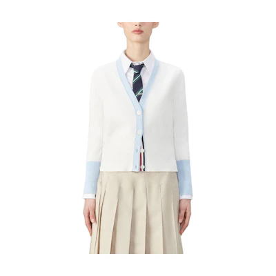 (Women) Thom Browne FW24 White Floral V-Neck Cardigan Sweater. FKC587A-Y3004-100