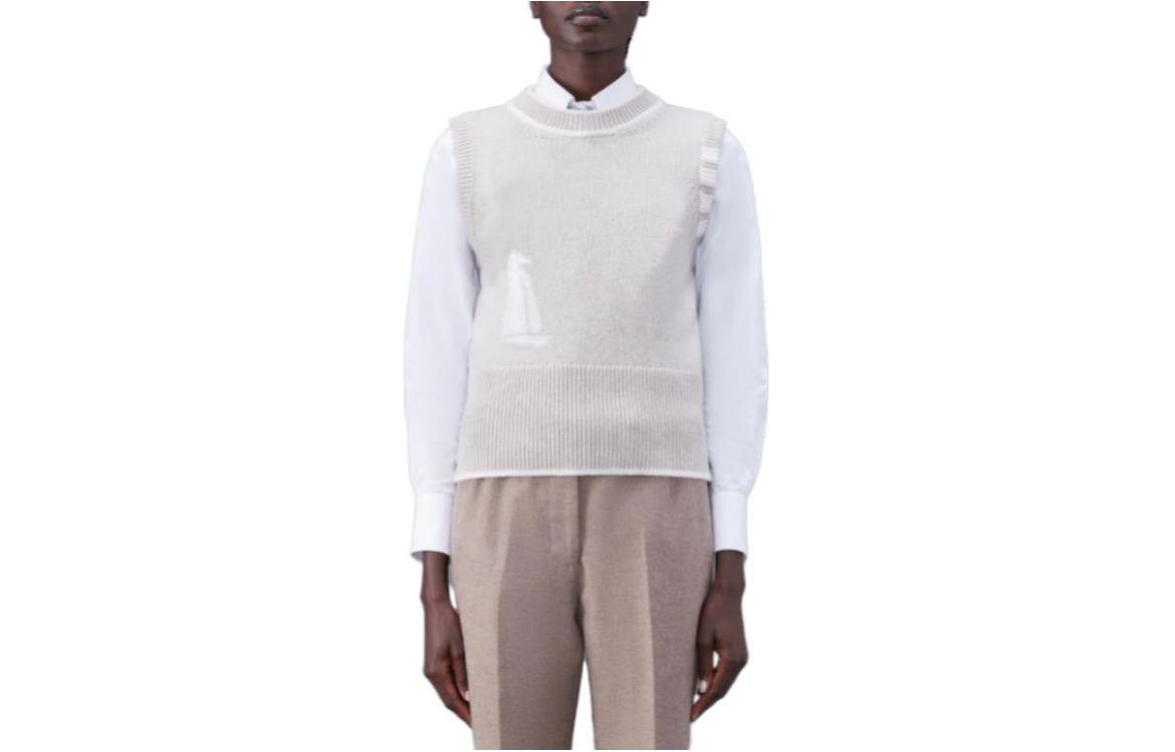 (Women) Thom Browne Gray Wool Knit Sleeveless Loose Vest. FKV168A-Y1029-265