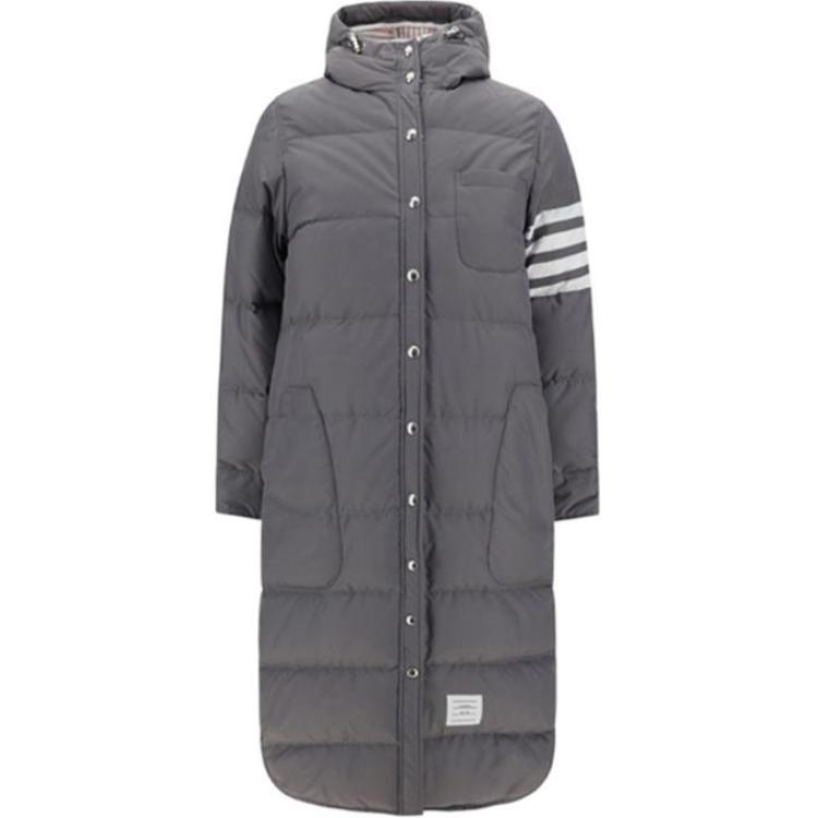 (Women) Thom Browne Grey Hooded Mid-Length Jacket with Four Stripes FOD025X-05222-035