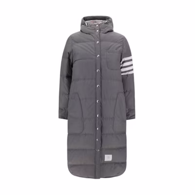 (Women) Thom Browne Grey Hooded Mid-Length Jacket with Four Stripes FOD025X-05222-035