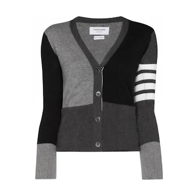 (Women) THOM BROWNE Grey Logo Print V-Neck Colorblock Cashmere Cardigan. FKC001-F0001-1982