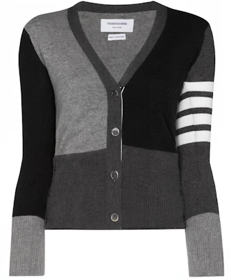 (Women) THOM BROWNE Grey Logo Print V-Neck Colorblock Cashmere Cardigan. FKC001-F0001-1982 Order (Women) THOM BROWNE Grey Logo Print V-Neck Colorblock Cashmere Cardigan. FKC001-F0001-1982
