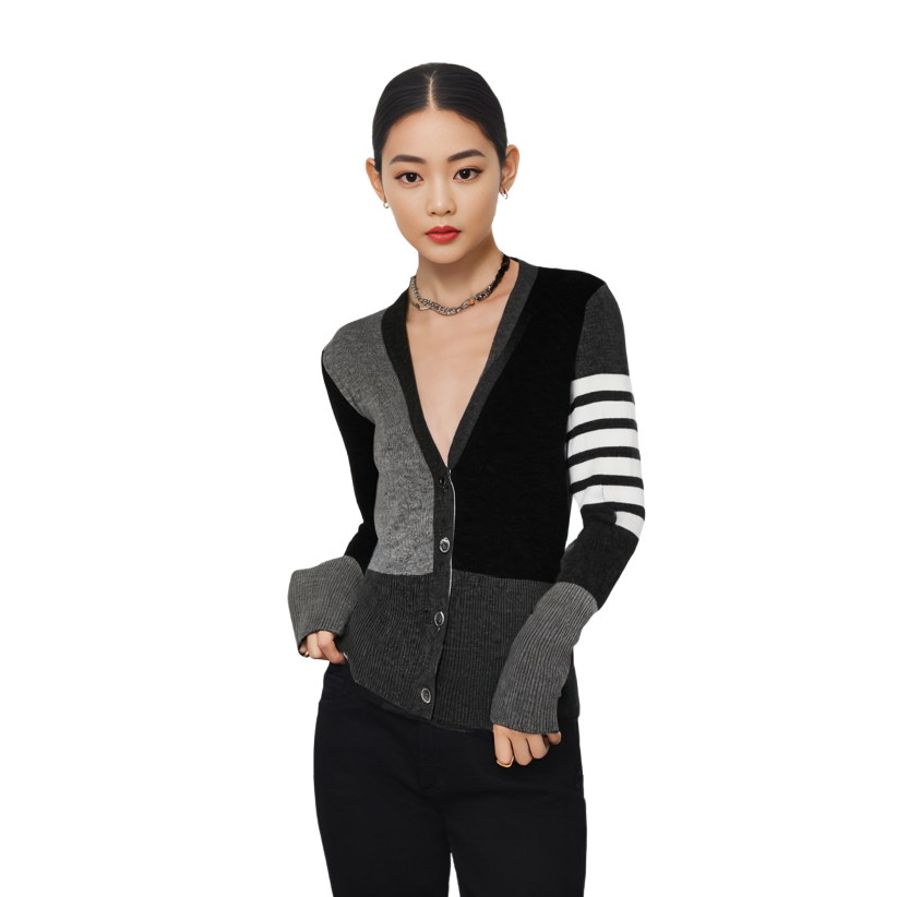 (Women) THOM BROWNE Grey Logo Print V-Neck Colorblock Cashmere Cardigan. FKC001-F0001-1982 圖 5