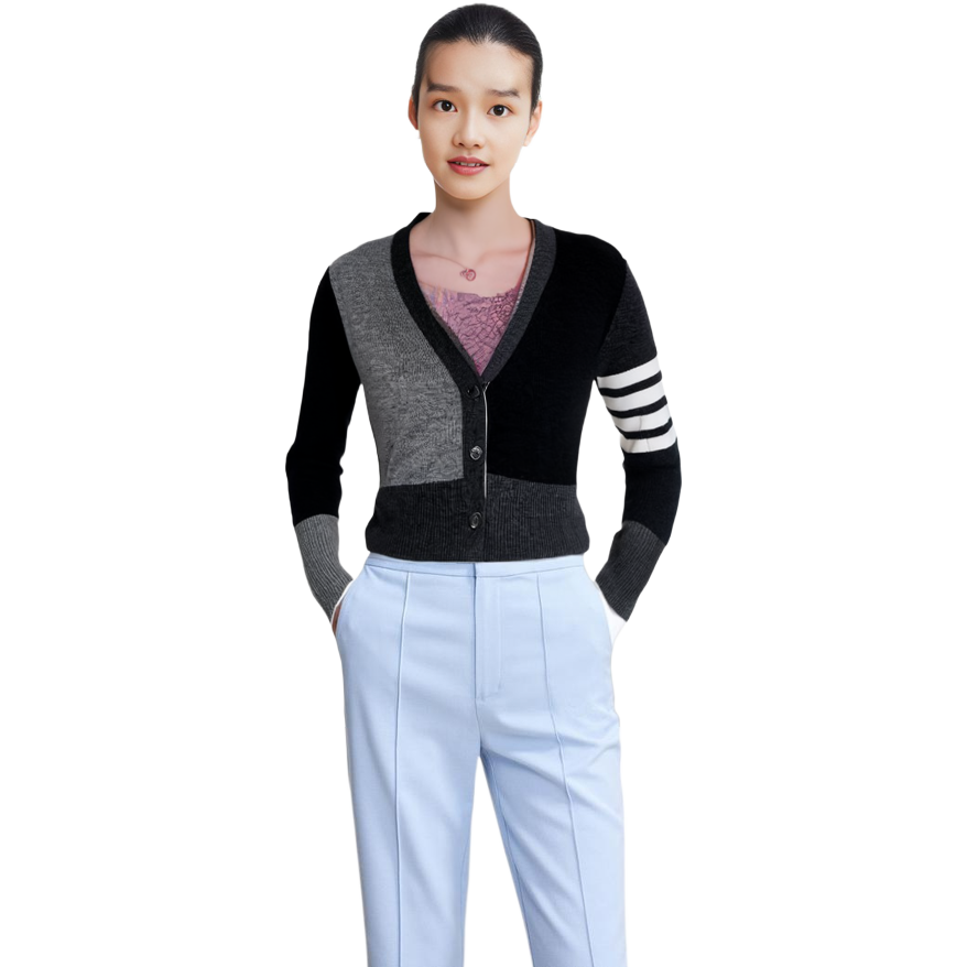 (Women) THOM BROWNE Grey Logo Print V-Neck Colorblock Cashmere Cardigan. FKC001-F0001-1982 圖 6