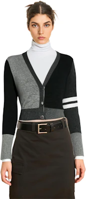 (Women) THOM BROWNE Grey Logo Print V-Neck Colorblock Cashmere Cardigan. FKC001-F0001-1982 Sizing (Women) THOM BROWNE Grey Logo Print V-Neck Colorblock Cashmere Cardigan. FKC001-F0001-1982