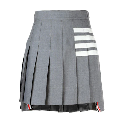 (Women) Thom Browne Grey Pleated Mini Skirt with Classic Four-Stripe Design. FGC402V-06146-035