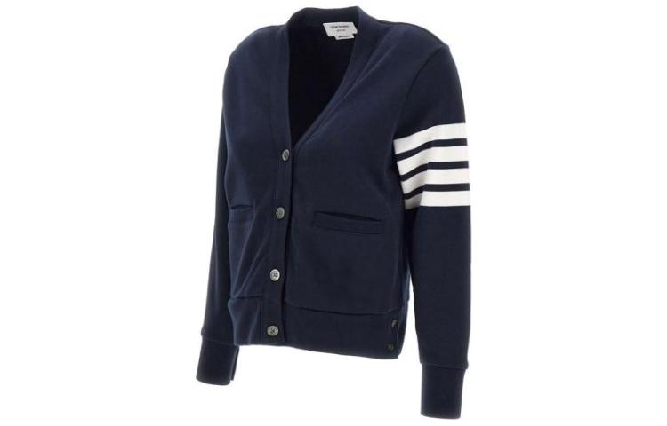 Lookbook (Women) Thom Browne Logo Striped Knit Cardigan Jacket - Navy Blue. FJT069A-00535-415