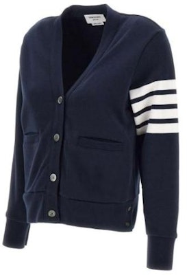 (Women) Thom Browne Logo Striped Knit Cardigan Jacket - Navy Blue. FJT069A-00535-415 Lookbook (Women) Thom Browne Logo Striped Knit Cardigan Jacket - Navy Blue. FJT069A-00535-415