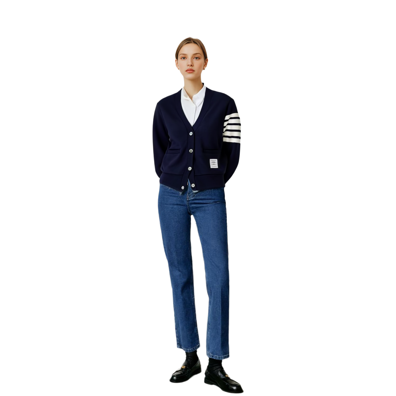 Details for (Women) Thom Browne Logo Striped Knit Cardigan Jacket - Navy Blue. FJT069A-00535-415