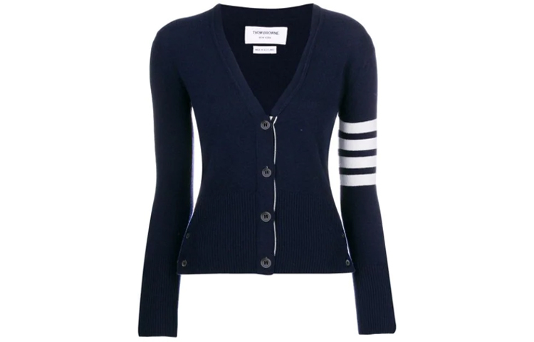 (Women) Thom Browne Navy 4-Bar V-Neck Cashmere Sweater FKC001A-00011-415