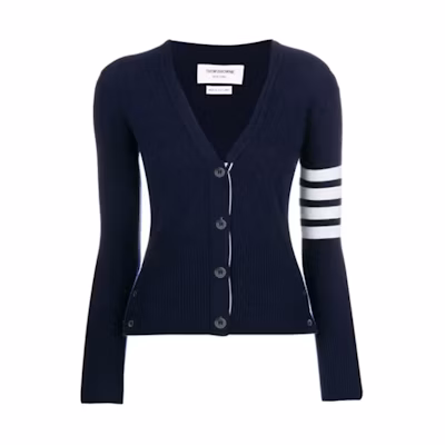(Women) Thom Browne Navy 4-Bar V-Neck Cashmere Sweater FKC001A-00011-415