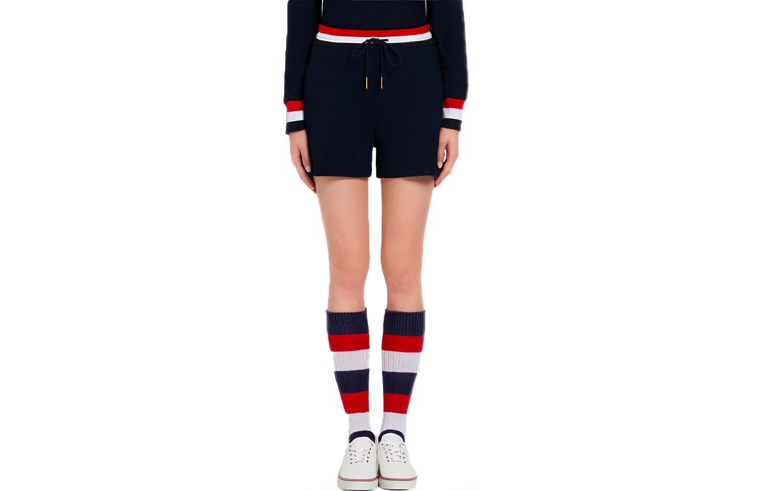 (Women) THOM BROWNE Navy Blue Seersucker Shorts with Tricolor Stripe Belt FJQ036A-01732-415