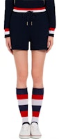 (Women) THOM BROWNE Navy Blue Seersucker Shorts with Tricolor Stripe Belt FJQ036A-01732-415 (Women) THOM BROWNE Navy Blue Seersucker Shorts with Tricolor Stripe Belt FJQ036A-01732-415