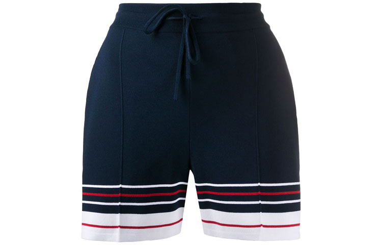 Order (W) Thom Browne Celana Pendek Navy dengan Garis & Tali Serut FKQ003A-Y5501-415