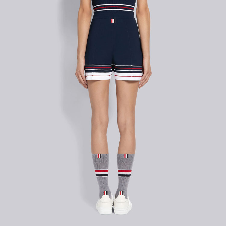 Purchase (W) Thom Browne Celana Pendek Navy dengan Garis & Tali Serut FKQ003A-Y5501-415