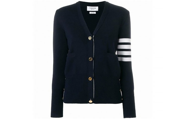 (Women) THOM BROWNE Navy Merino Wool Jacquard Stripe V-Neck Cardigan Sweater FKC207A-00014-415