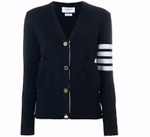(Women) THOM BROWNE Navy Merino Wool Jacquard Stripe V-Neck Cardigan Sweater FKC207A-00014-415 (Women) THOM BROWNE Navy Merino Wool Jacquard Stripe V-Neck Cardigan Sweater FKC207A-00014-415