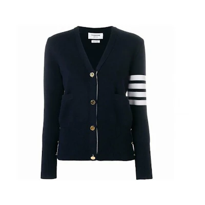 (Women) THOM BROWNE Navy Merino Wool Jacquard Stripe V-Neck Cardigan Sweater FKC207A-00014-415