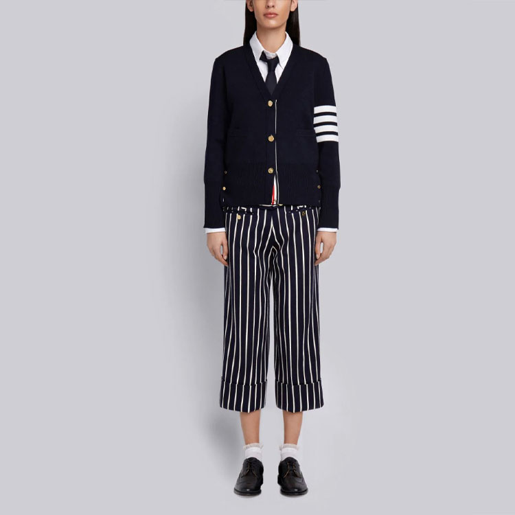 (Women) THOM BROWNE Navy Merino Wool Jacquard Stripe V-Neck Cardigan Sweater FKC207A-00014-415 圖 3