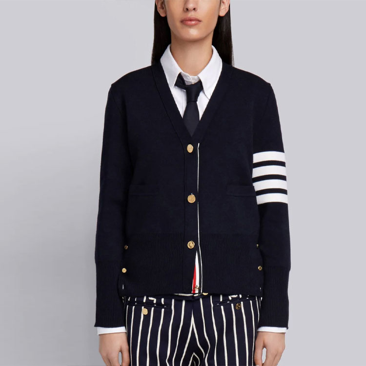 (Women) THOM BROWNE Navy Merino Wool Jacquard Stripe V-Neck Cardigan Sweater FKC207A-00014-415 圖 4