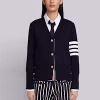 Shop (W) THOM BROWNE 深藍色美麗諾羊毛條紋V領開襟衫毛衣 FKC207A-00014-415