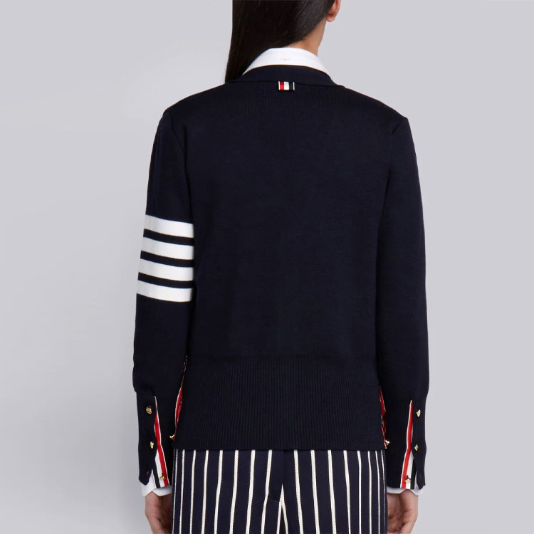 (Women) THOM BROWNE Navy Merino Wool Jacquard Stripe V-Neck Cardigan Sweater FKC207A-00014-415 圖 5