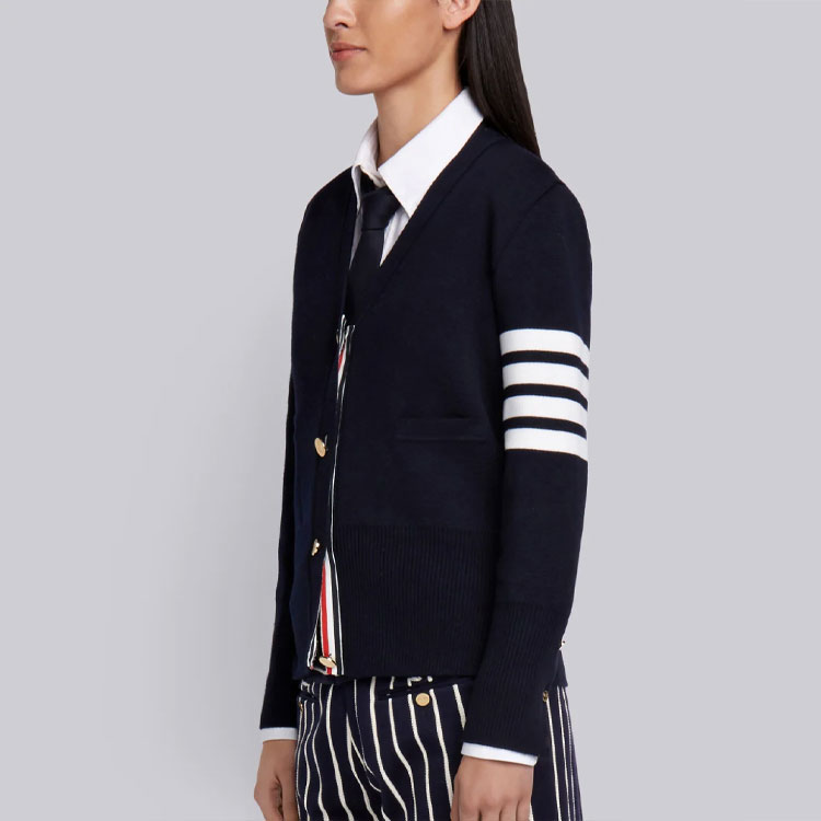 (Women) THOM BROWNE Navy Merino Wool Jacquard Stripe V-Neck Cardigan Sweater FKC207A-00014-415 圖 6