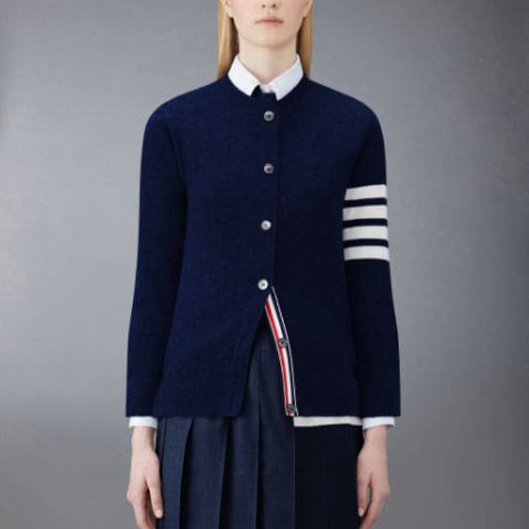 (Women) THOM BROWNE Navy Merino Wool Jacquard Stripe V-Neck Cardigan Sweater FKC207A-00014-415 圖 7