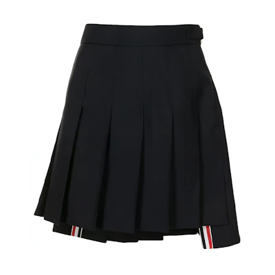 (Women) THOM BROWNE Navy Pleated A-Line Relaxed Skirt High-Low Hem. FGC402V-02872-415