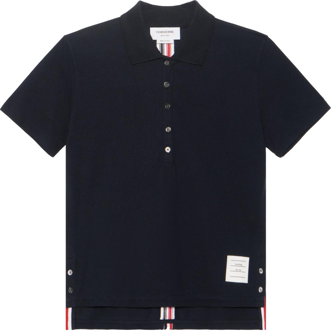 (Women) THOM BROWNE Navy Short Sleeve Polo with Tricolor Stripes FJP014A-00050-415