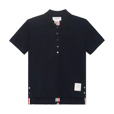(Women) THOM BROWNE Navy Short Sleeve Polo with Tricolor Stripes FJP014A-00050-415